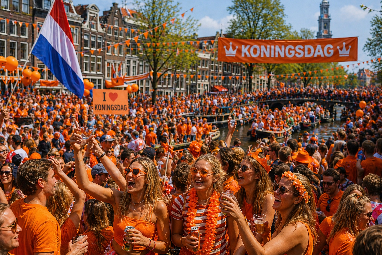 Crowd celebrating Koningsdag in Amsterdam with orange clothing, flags, and boats on a canal.