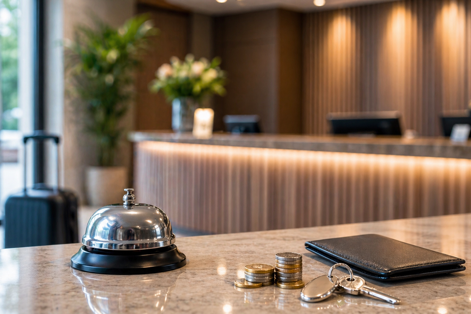 Hotel reception desk in focus with a shiny service bell on a marble counter, coins, a black leather wallet, and a set of keys; luggage visible in the background.