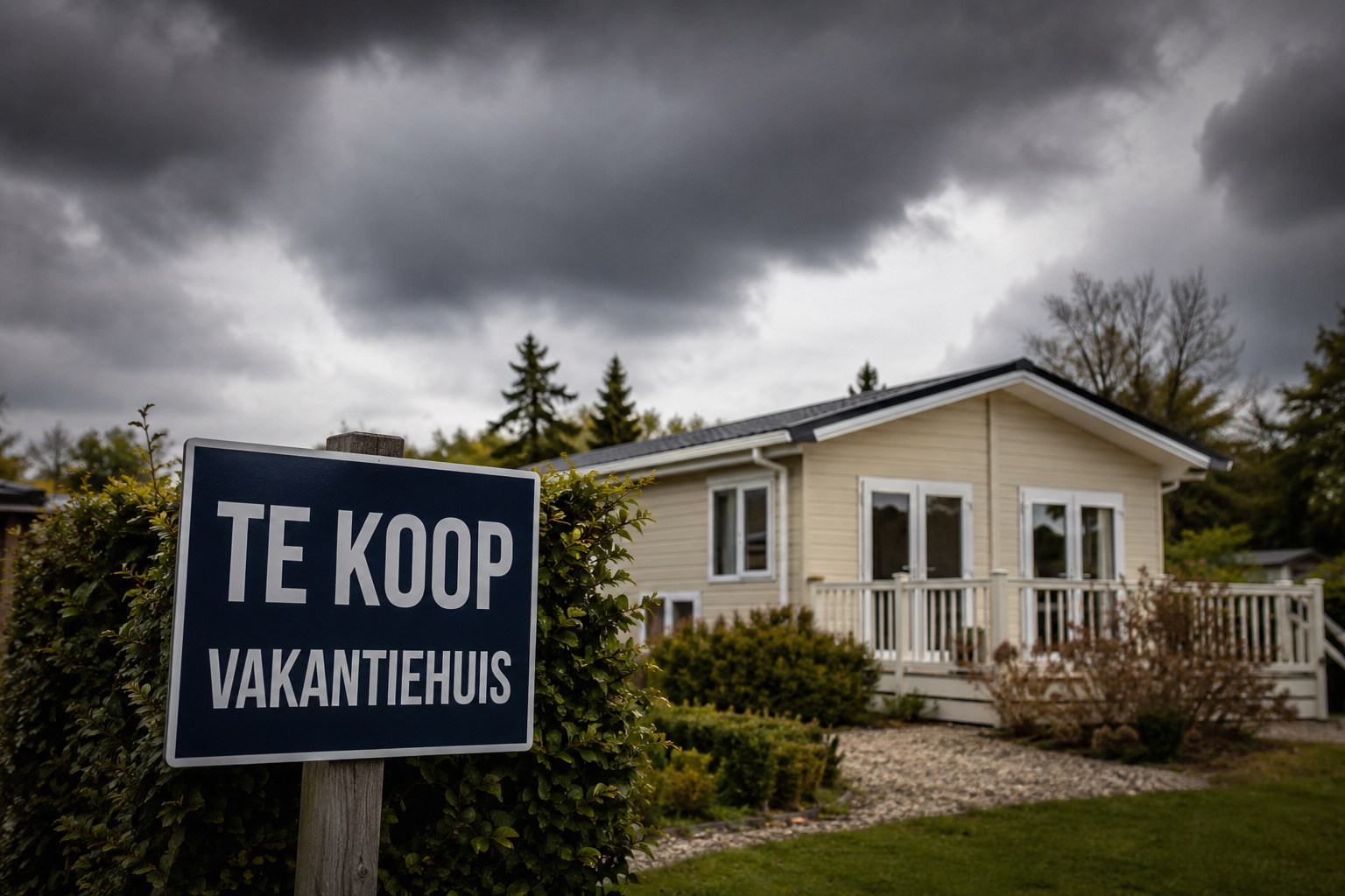 Blue sign reading 'TE KOOP VAKANTIEHUIS' in front of a beige vacation cottage with a white railing and a cloudy sky above.