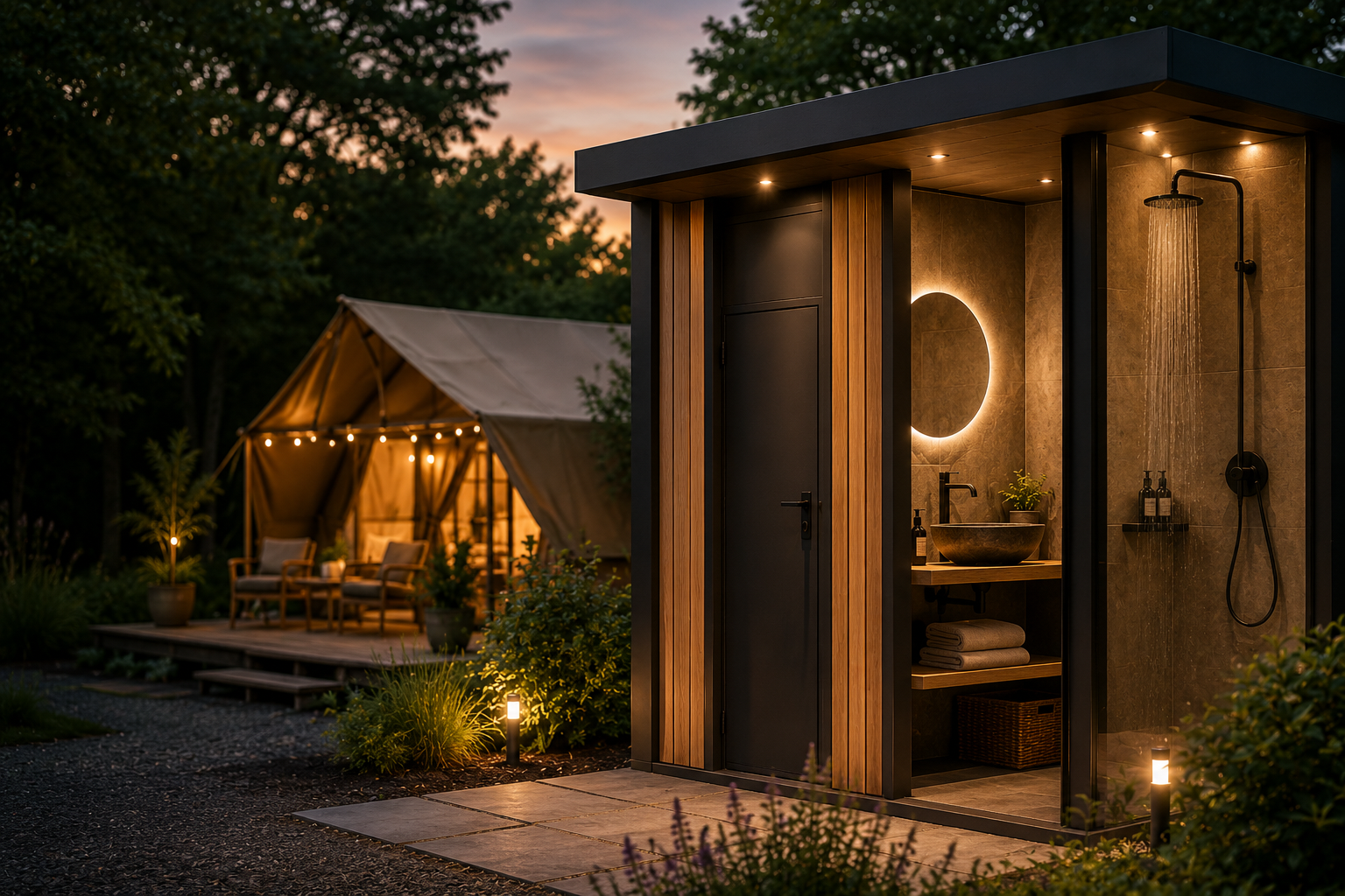 Outdoor bathroom pod at dusk: warm wooden panels, circular backlit mirror, stone sink, towels on a shelf, and an open rainfall shower.