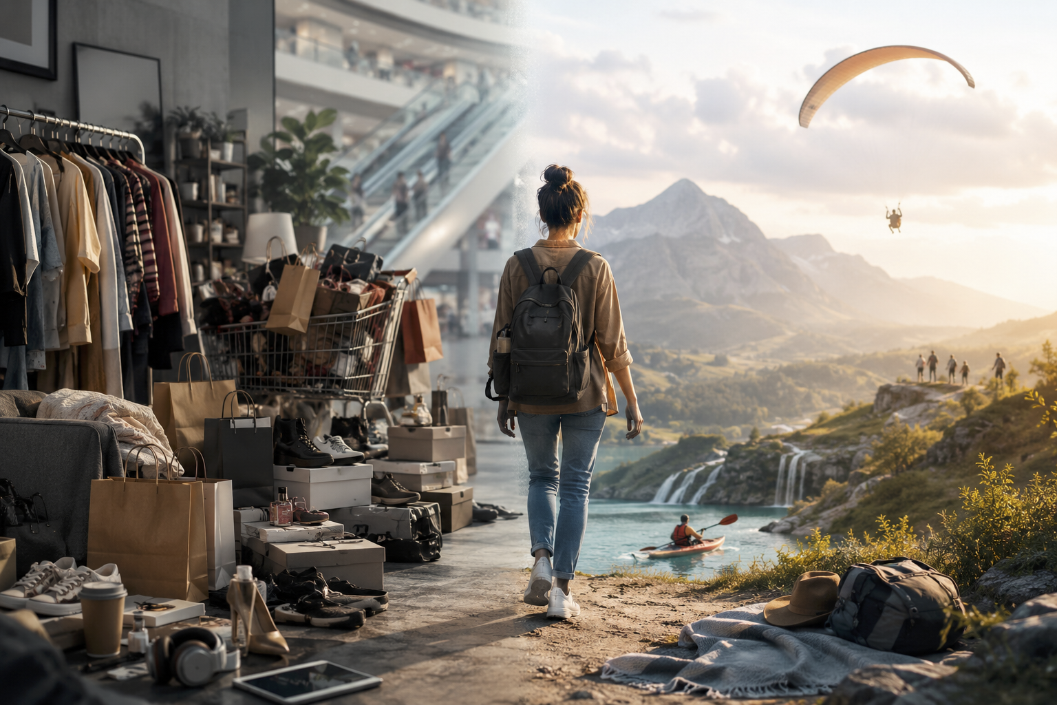Person with a backpack walks from a crowded thrift-market on the left toward a sunlit mountain landscape with paragliders on the right.