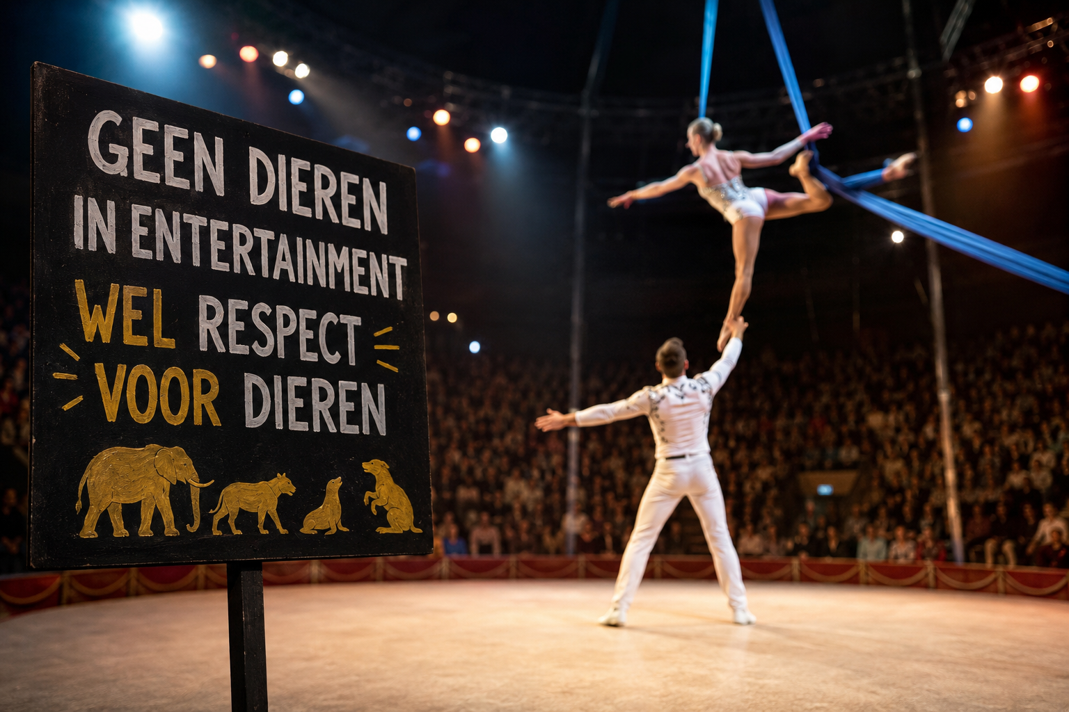 A circus sign in Dutch promoting animal welfare, with silhouettes of elephants and monkeys and performers in the background under a tent.