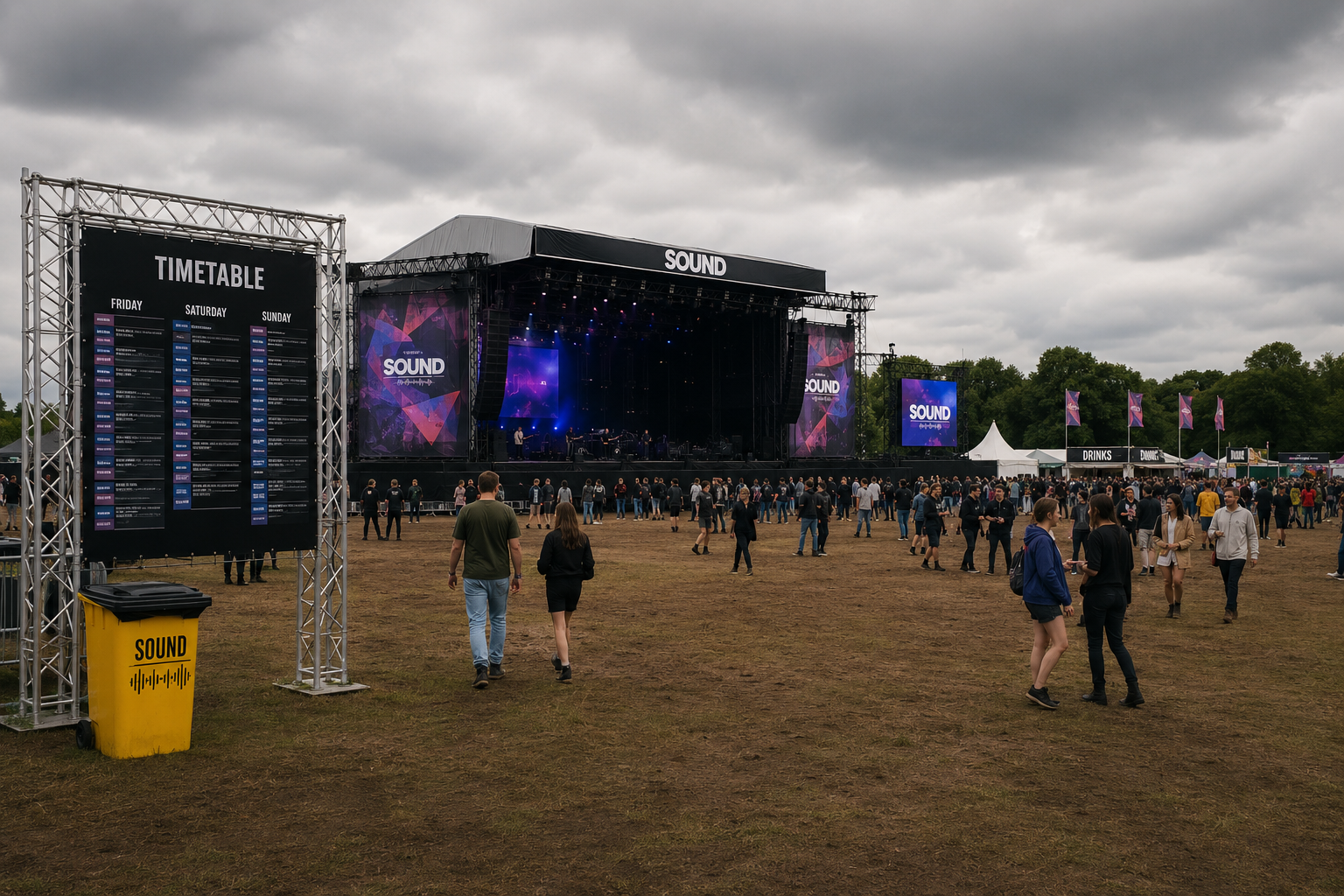 Outdoor festival stage labeled SOUND with a crowd on brown grass under gray clouds; timetable board on the left and a yellow trash bin nearby.