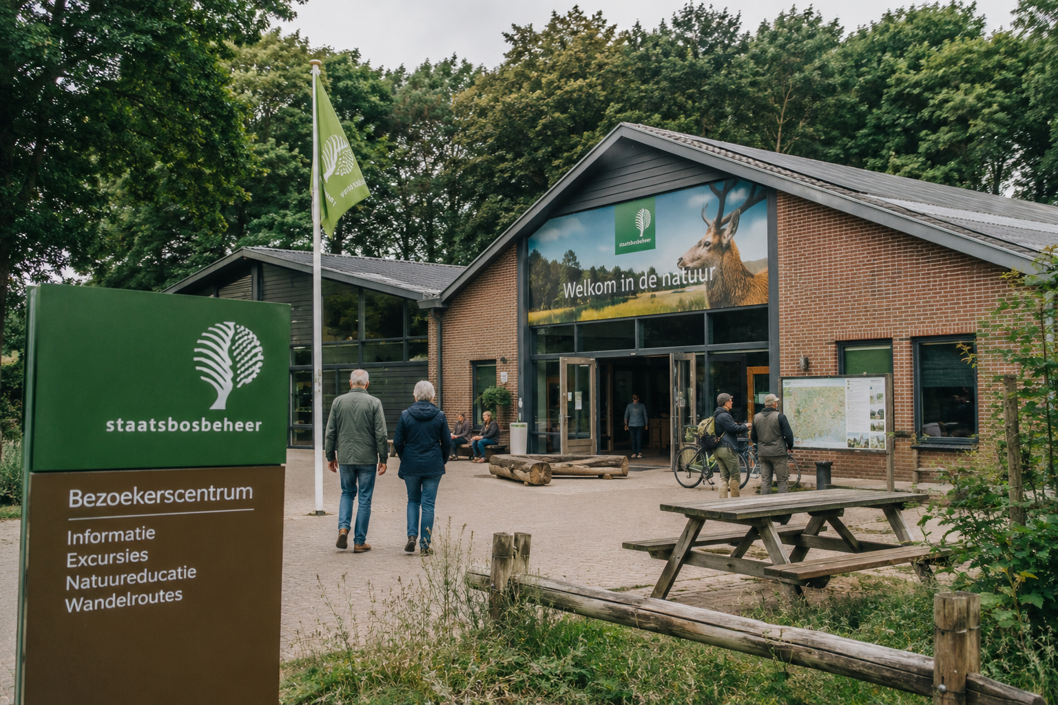 Visitors walk toward a brick nature center with a large green Staatsbosbeheer sign outside and a map near the entrance