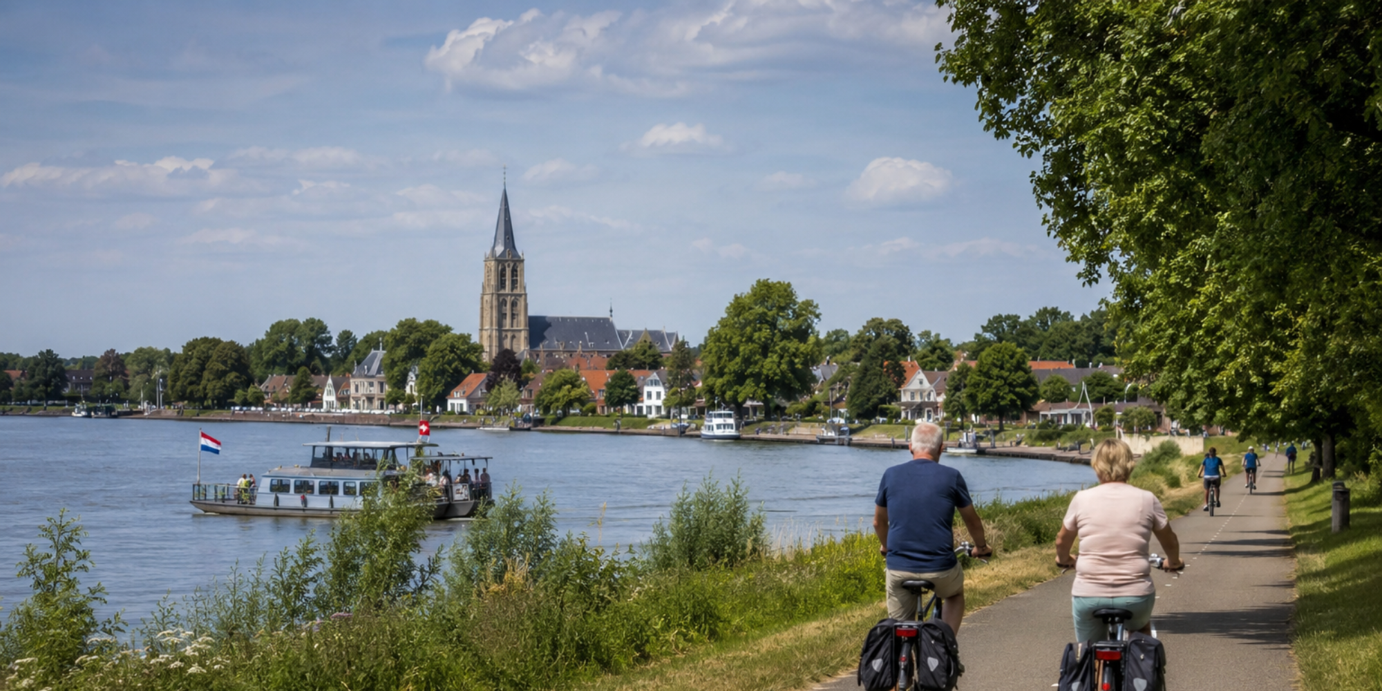 Cyclists ride along a riverside path with a town and tall church spire across the water under a blue sky.