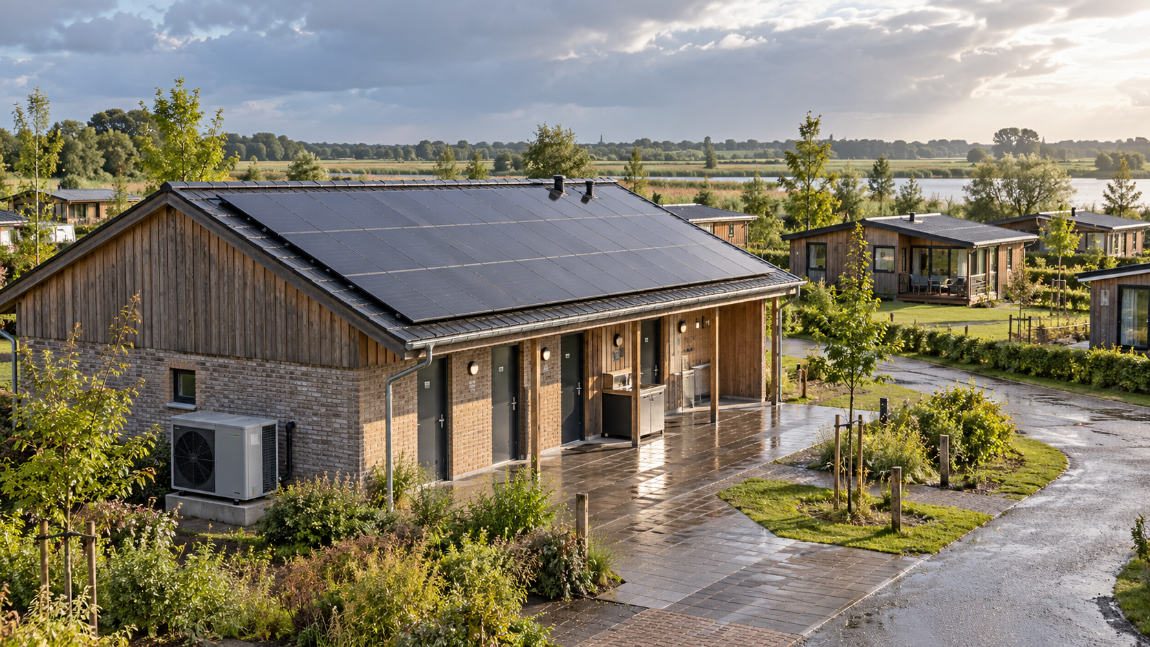 Zonnepanelen op een sanitairgebouw met een warmtepomp op een recreatiepark.